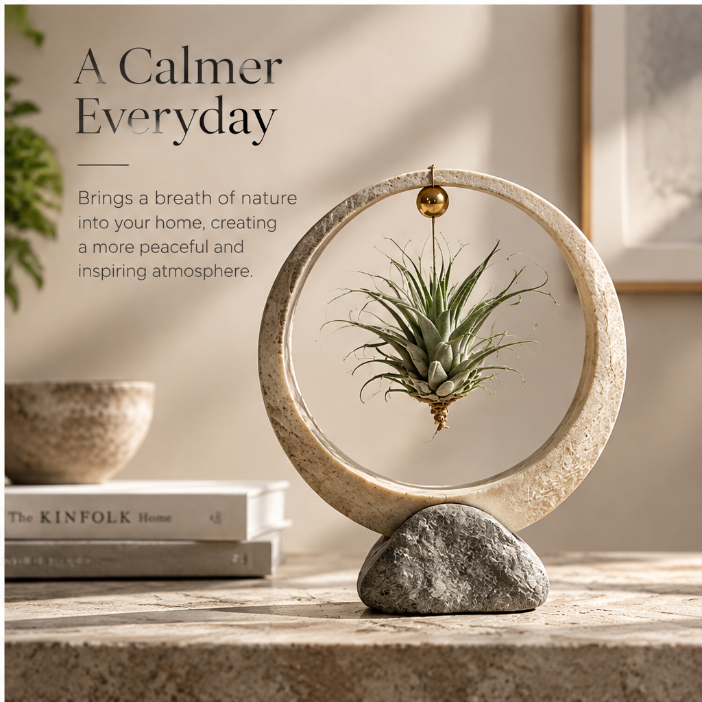 Cream halo-style air plant display styled on a neutral tabletop