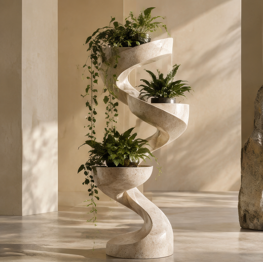 Cream three-level spiral plant stand with leafy and trailing greenery, without text overlay