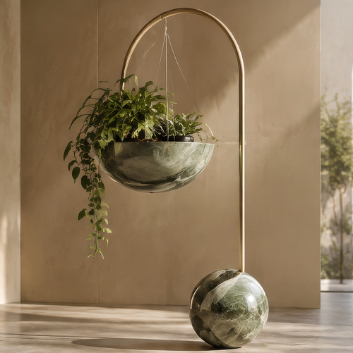Gold-tone arched hanging planter with green veined bowl and spherical base, without text overlay
