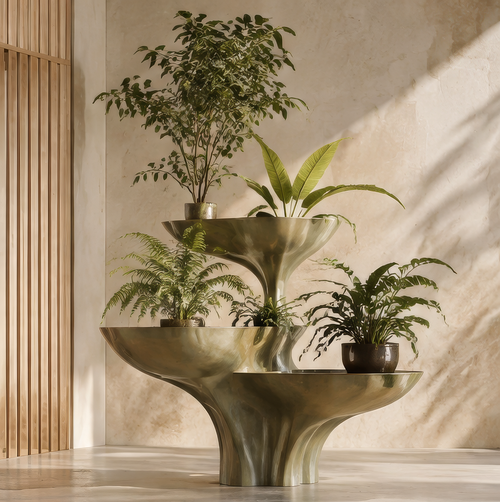 Gold-tone three-tier sculpted plant stand with staggered bowls and potted greenery, without text overlay