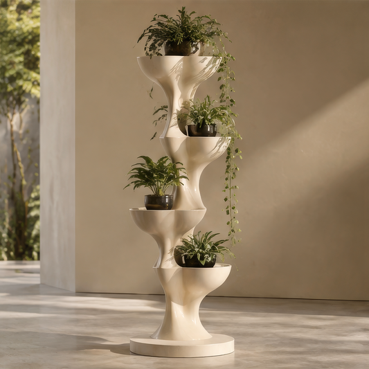 Cream four-tier flowing plant stand with staggered bowls and potted greenery, without text overlay