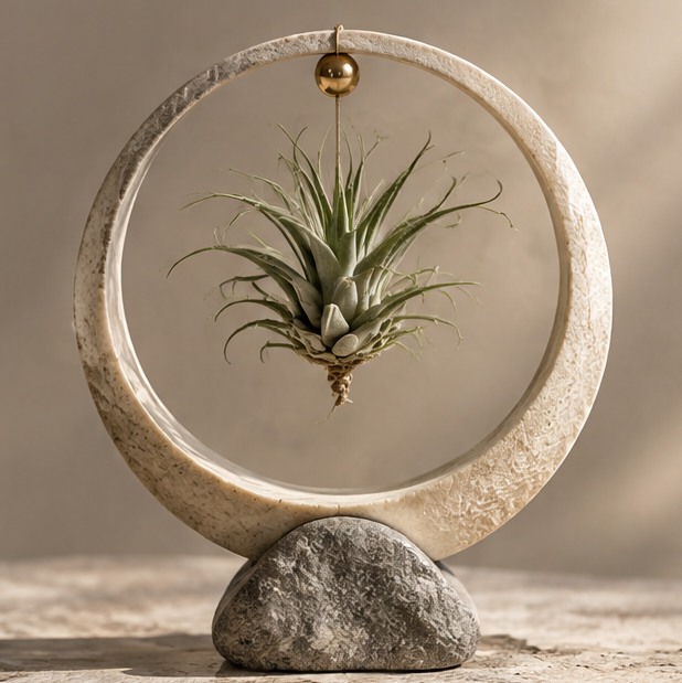 Cream circular air plant display with gray textured base and gold-tone hanging accent, without text overlay