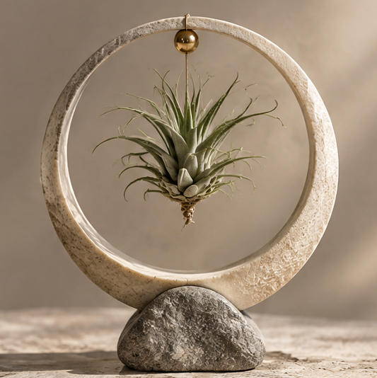 Cream circular air plant display with gray textured base and gold-tone hanging accent, without text overlay