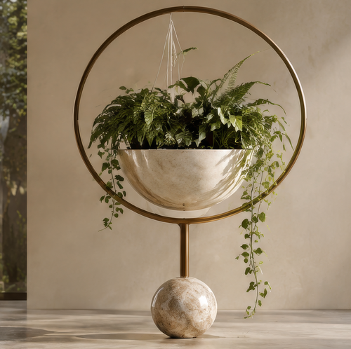 Gold-tone circular hanging planter with cream bowl and patterned orb base, without text overlay