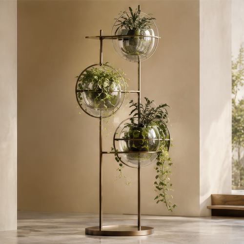 Gold-tone halo plant stand with three clear glass bowls and greenery, without text overlay