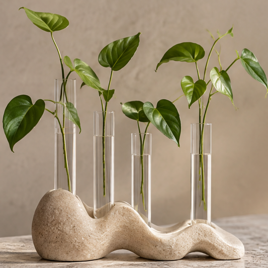 Cream wave-shaped stone base with staggered clear glass tubes and leafy stems, without text overlay
