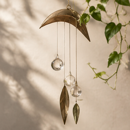Leaf-inspired hanging decoration with three clear glass spheres and two metal leaves, without text overlay