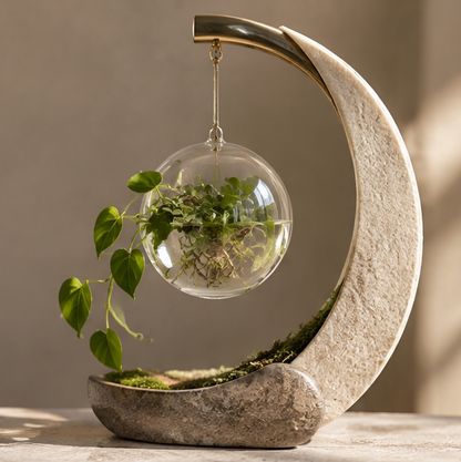 Crescent-shaped cream plant display with suspended clear glass globe and gold-tone arm, without text overlay