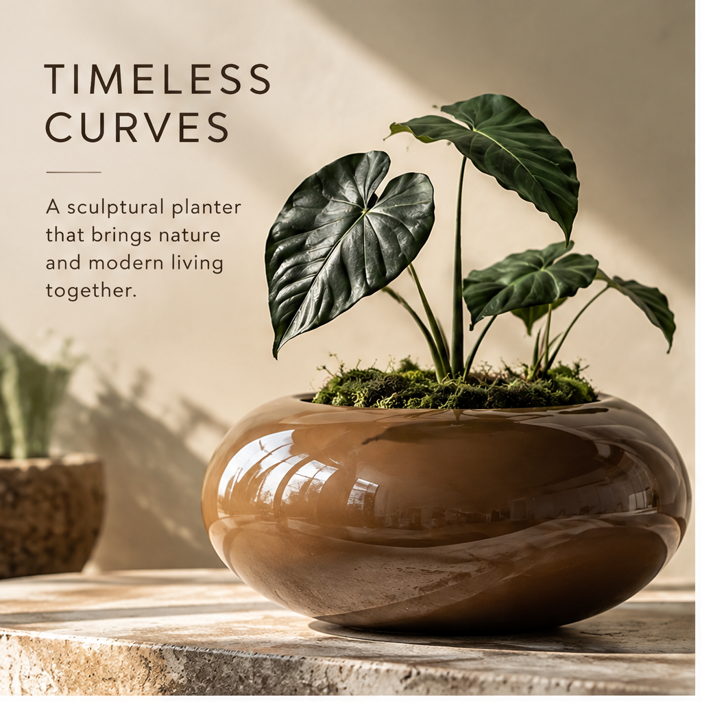 Brown ceramic bowl planter styled with broad green leaves
