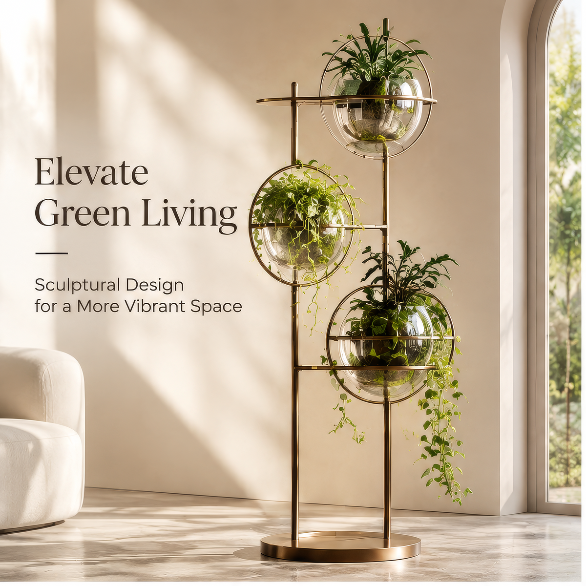 Three-bowl glass plant stand with labeled height of 160 cm and base width of 45 cm