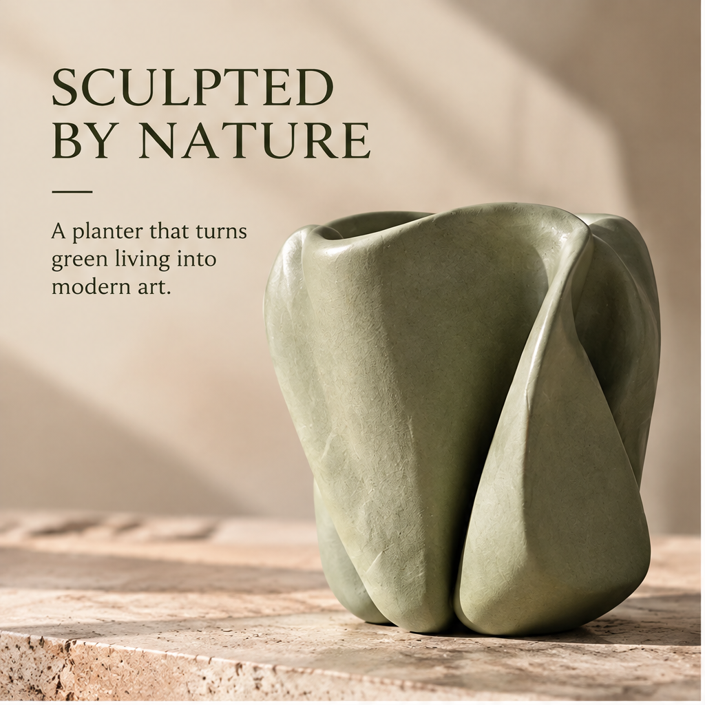 Close-up of the green planter's curved folds and subtly textured surface