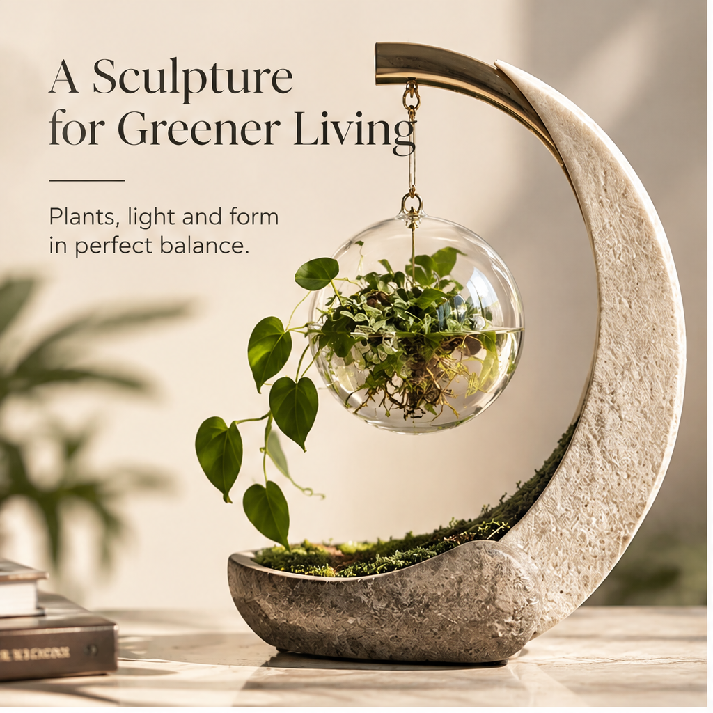 Textured cream crescent display showing suspended greenery and shallow curved base