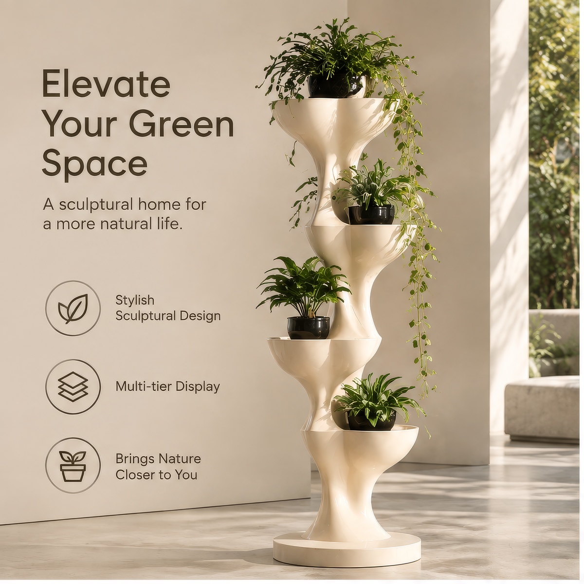 Front, side and back views of the four-tier flowing plant stand
