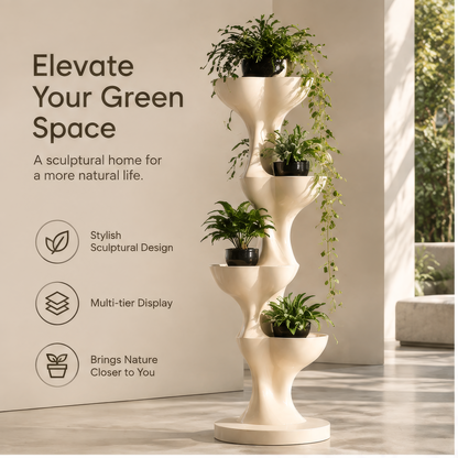 Front, side and back views of the four-tier flowing plant stand