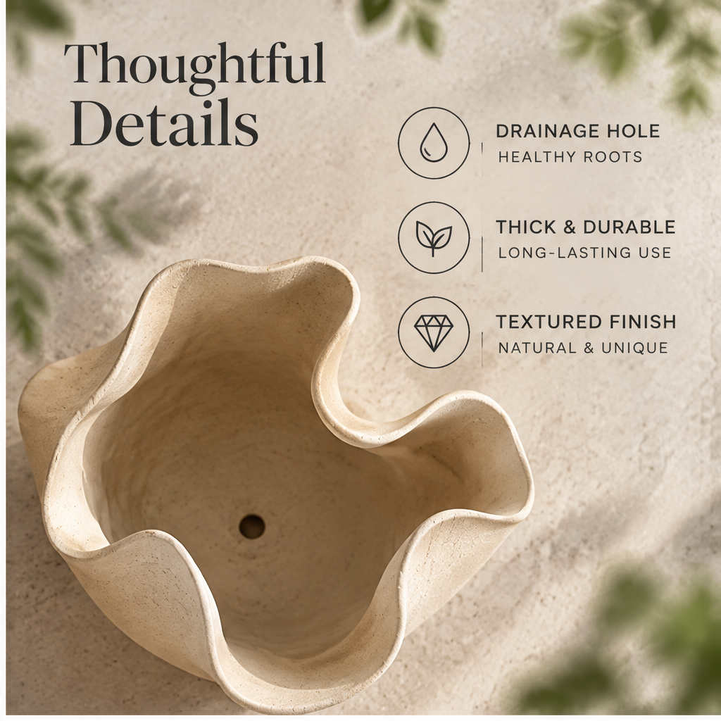 Overhead view of the planter showing its drainage hole and textured interior