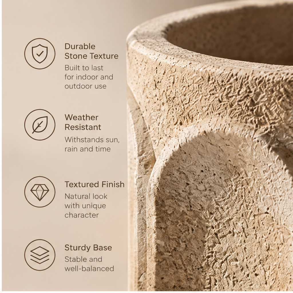 Overhead planter detail showing round interior and drainage hole