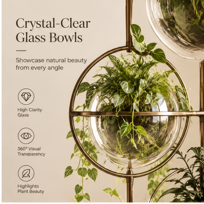 Close-up of a clear glass plant bowl within a gold-tone circular frame