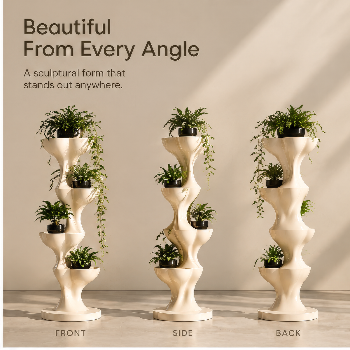 Close-up of the smooth cream finish, curved bowls and circular base
