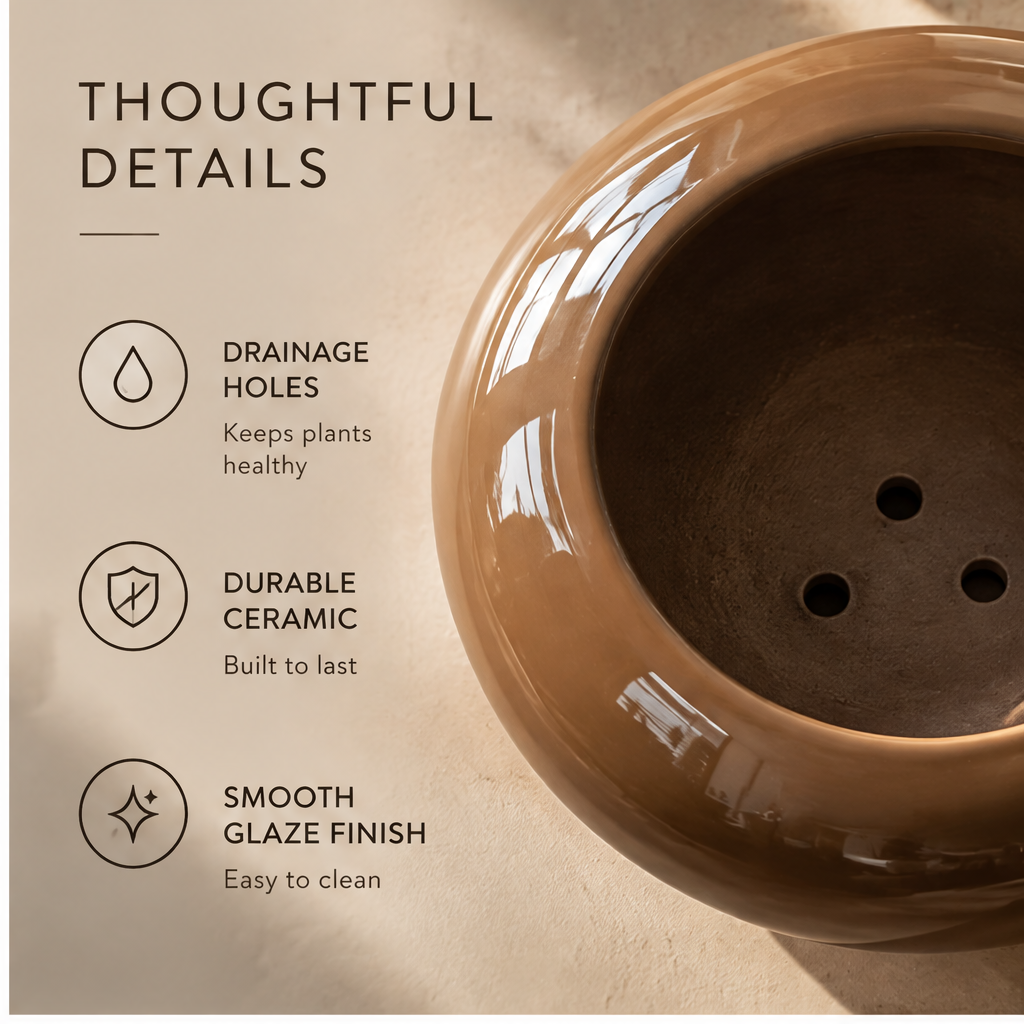 Overhead view of the brown glazed planter showing multiple drainage holes