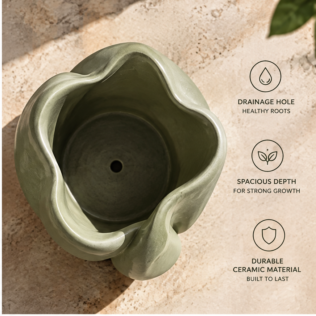 Empty green ceramic planter showing its upright petal-like folded silhouette