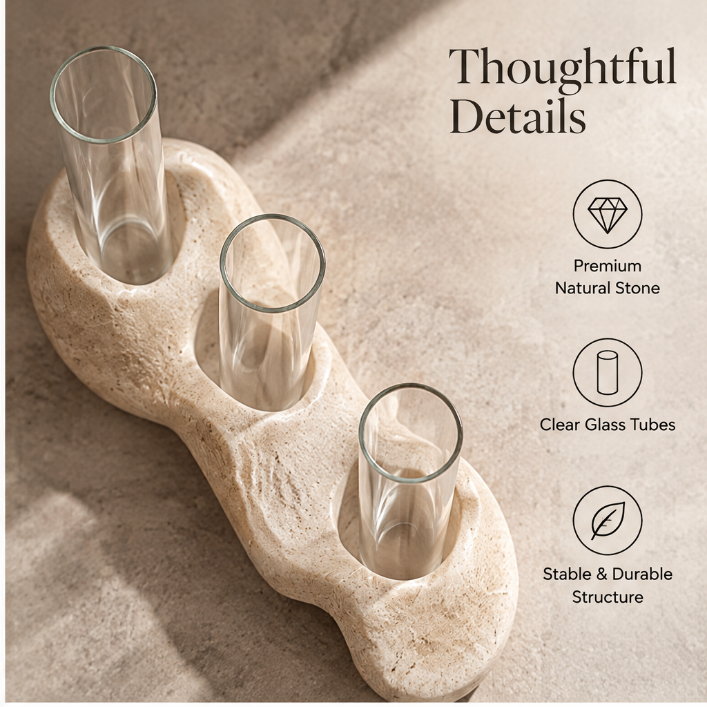 Glass tube plant vase with labeled dimensions of 24 cm length, 8 cm depth and 17 cm height