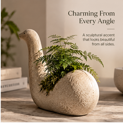 Cream long-neck decorative planter showing its rounded body and smiling face