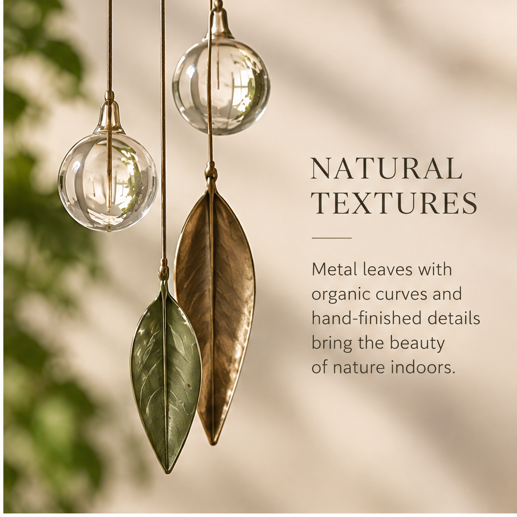 Close-up of clear glass spheres and veined gold-tone and green metal leaf pendants