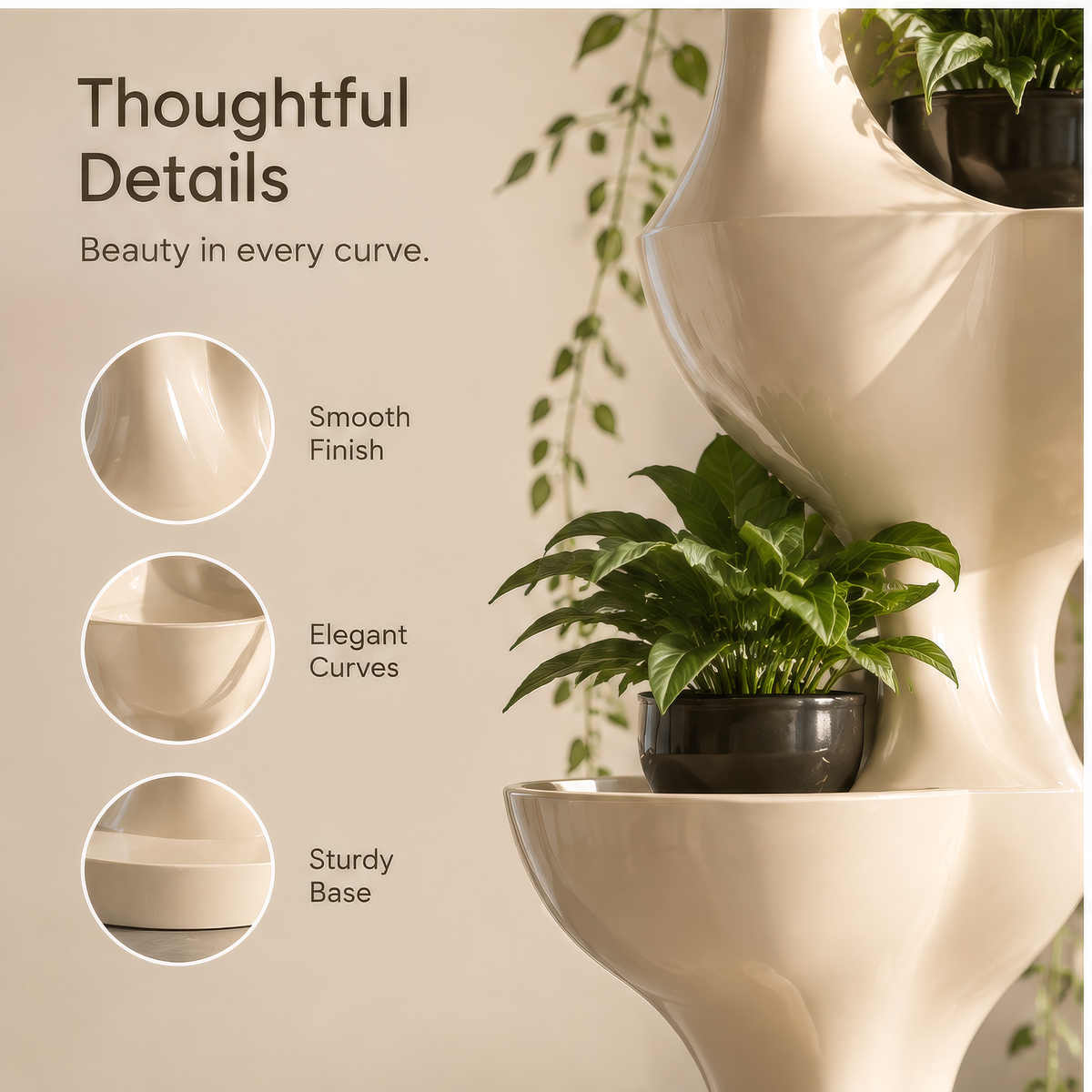 Cream sculptural plant tower showing four staggered display bowls