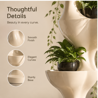 Cream sculptural plant tower showing four staggered display bowls