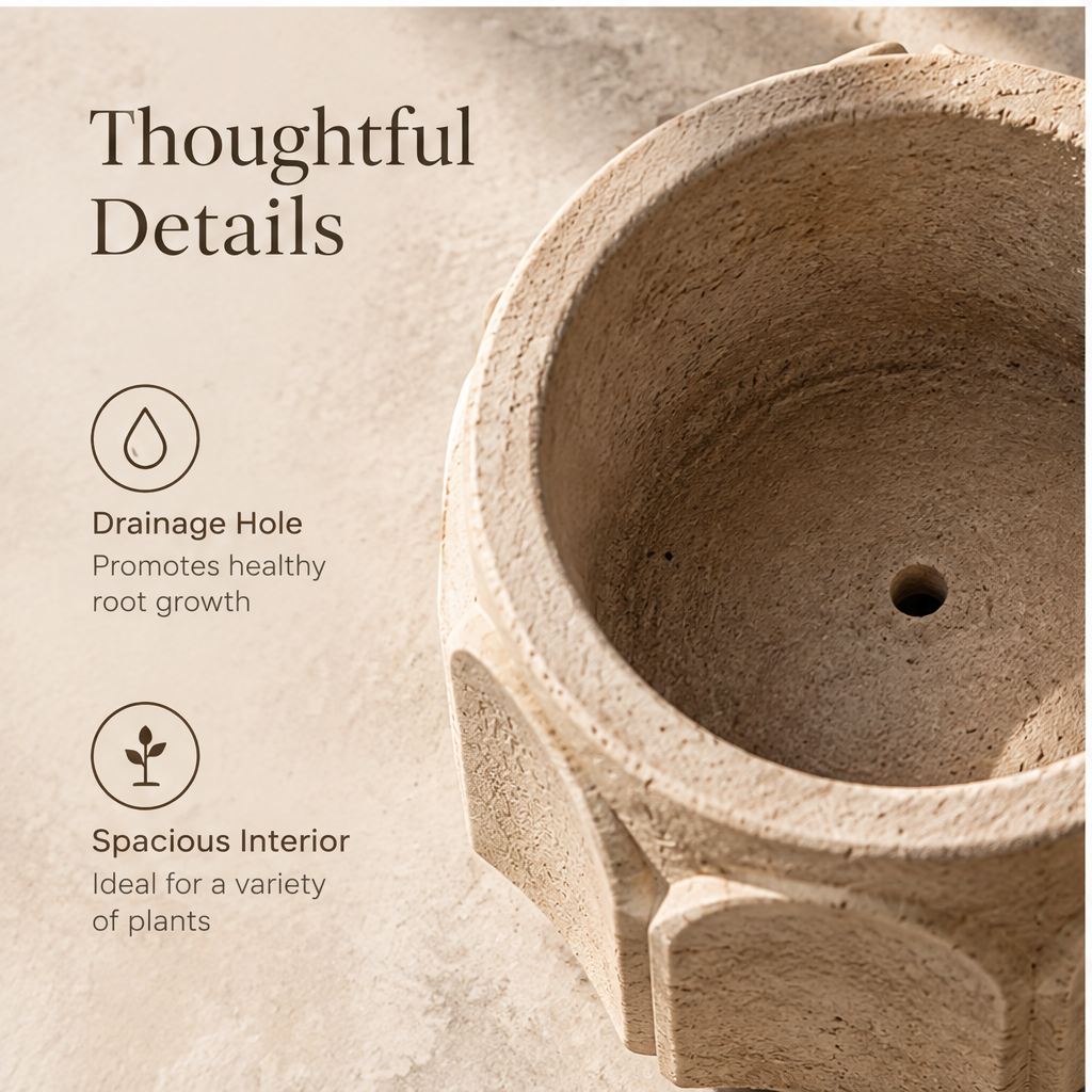 Empty round planter showing raised arch detailing and circular base