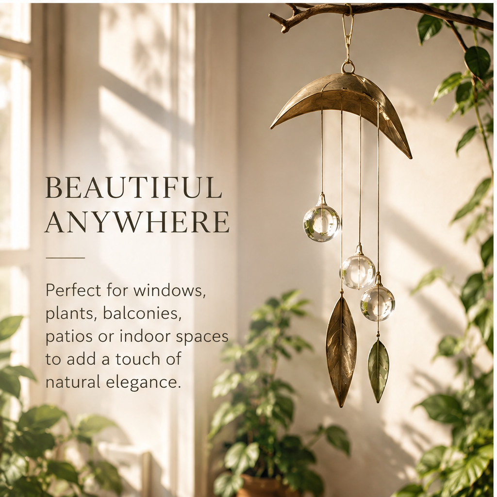 Leaf and glass hanging decoration styled beside a window and green plants