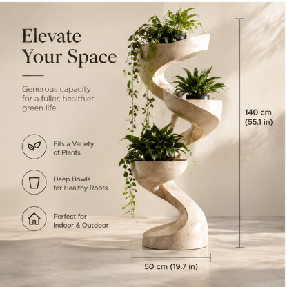 Elevated view showing three staggered plant display bowls and spiral structure