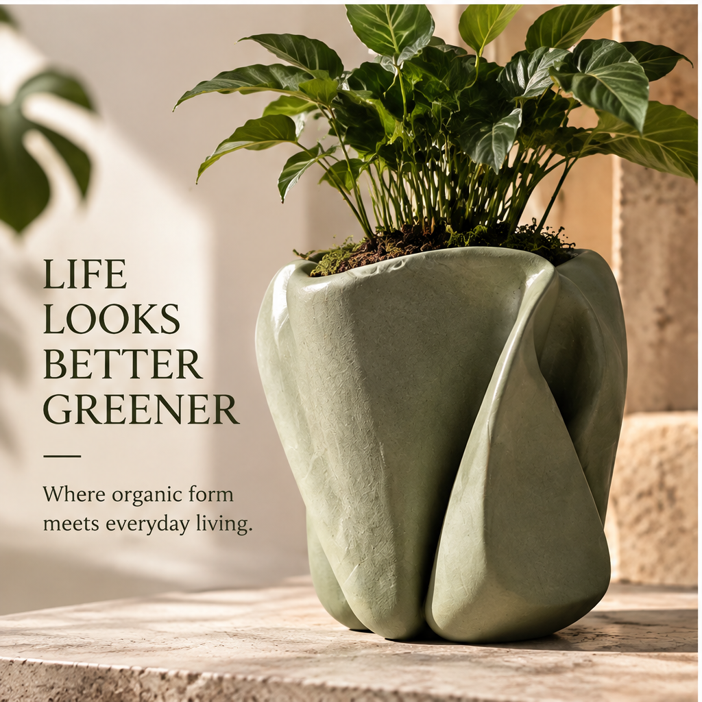 Overhead view of the green planter showing its undulating rim and drainage hole