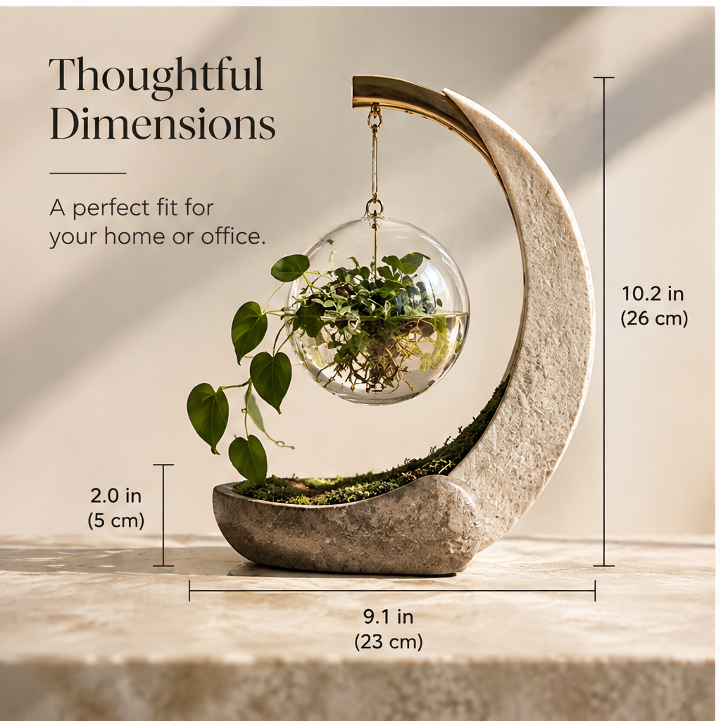 Crescent glass globe plant display styled with trailing greenery on a wooden tabletop