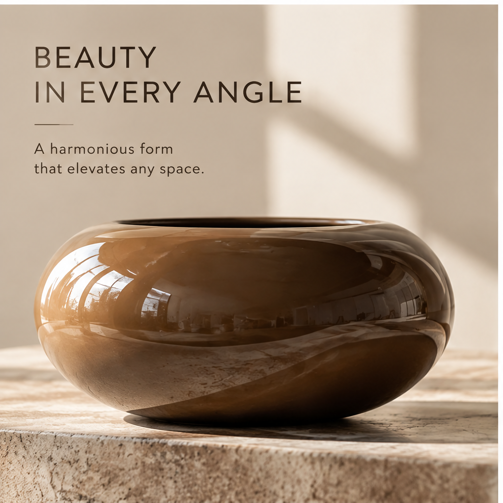 Glossy brown planter styled on a tabletop near a window