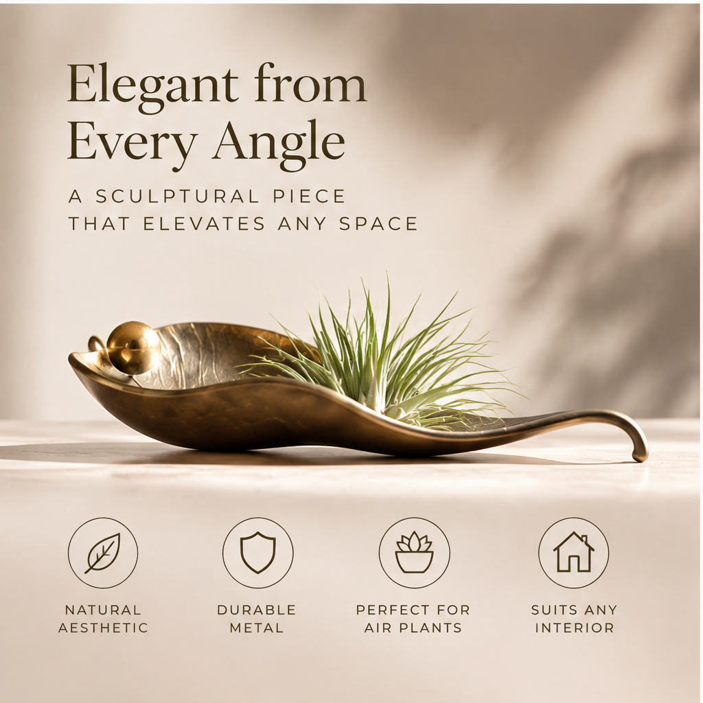 Side profile of the shallow curved leaf-shaped plant display tray