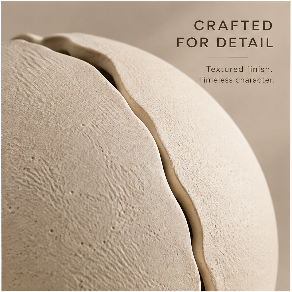 Cream round planter showing its sculptural split-shell design with foliage