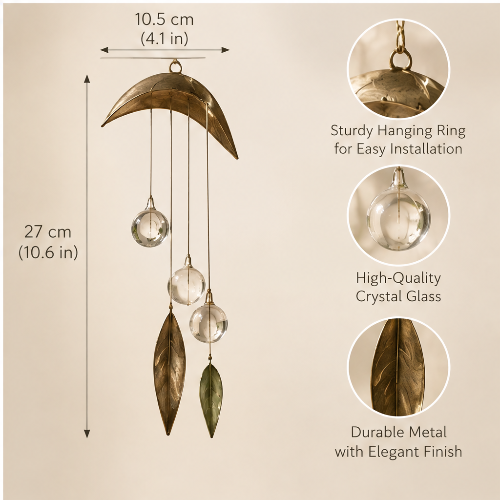 Glass sphere and leaf hanging decoration displayed in sunlight