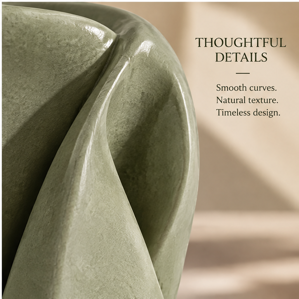 Sage-green folded planter styled with leafy foliage on a tabletop