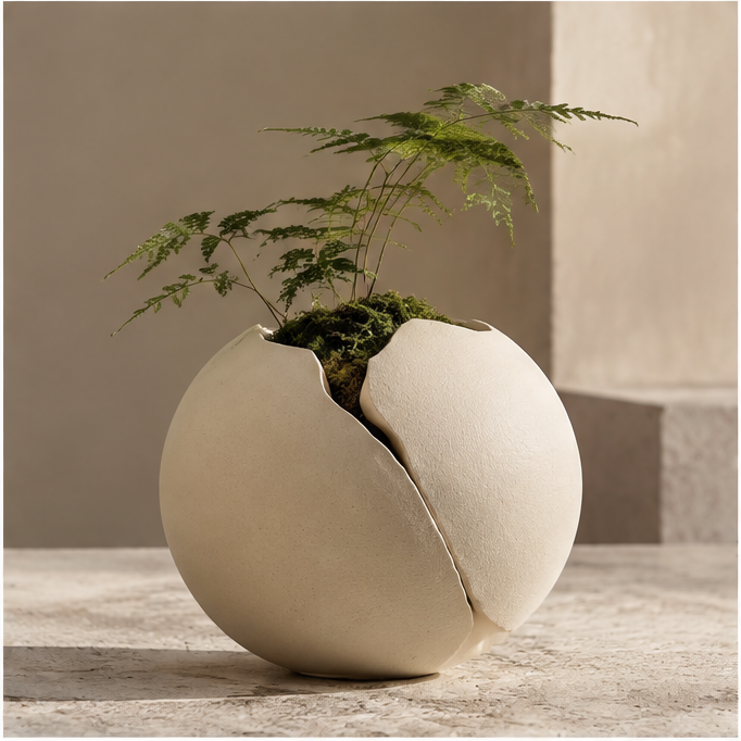 Cream spherical split-shell planter styled with delicate green foliage, without text overlay