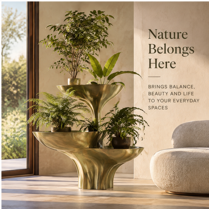 Sculptural gold-tone tiered plant stand styled beside neutral furnishings