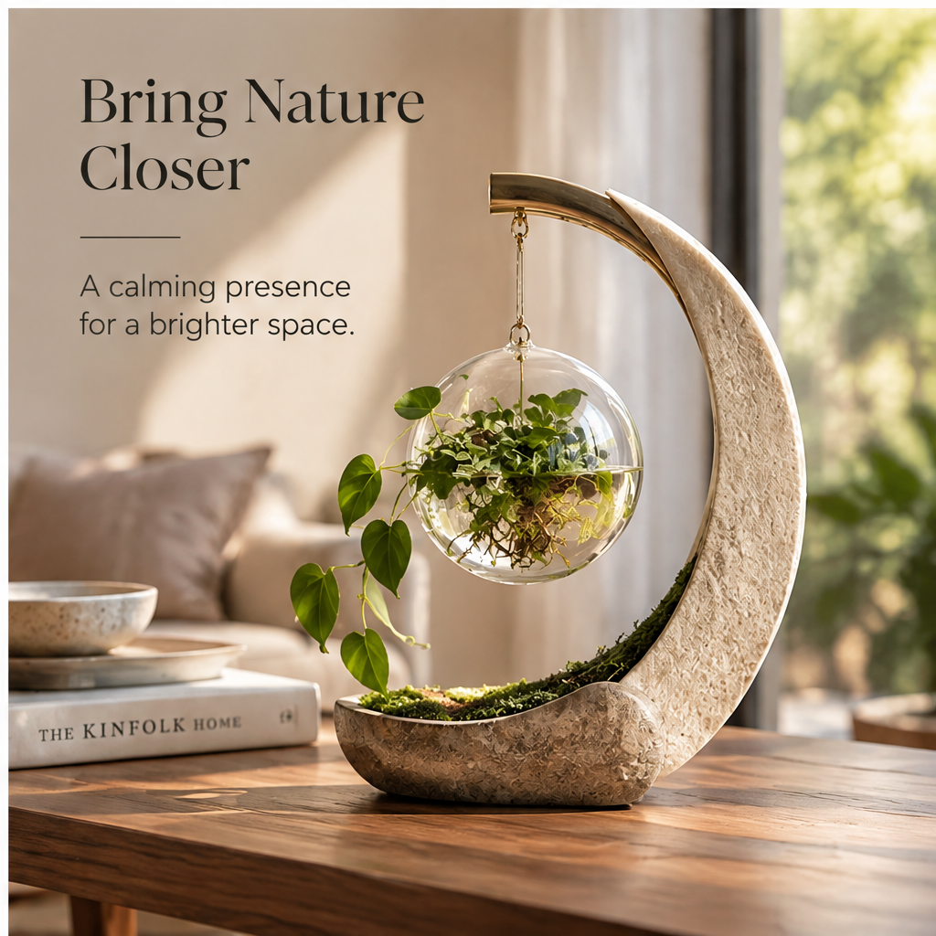 Crescent plant display with labeled height of 26 cm, width of 23 cm and lower section height of 5 cm