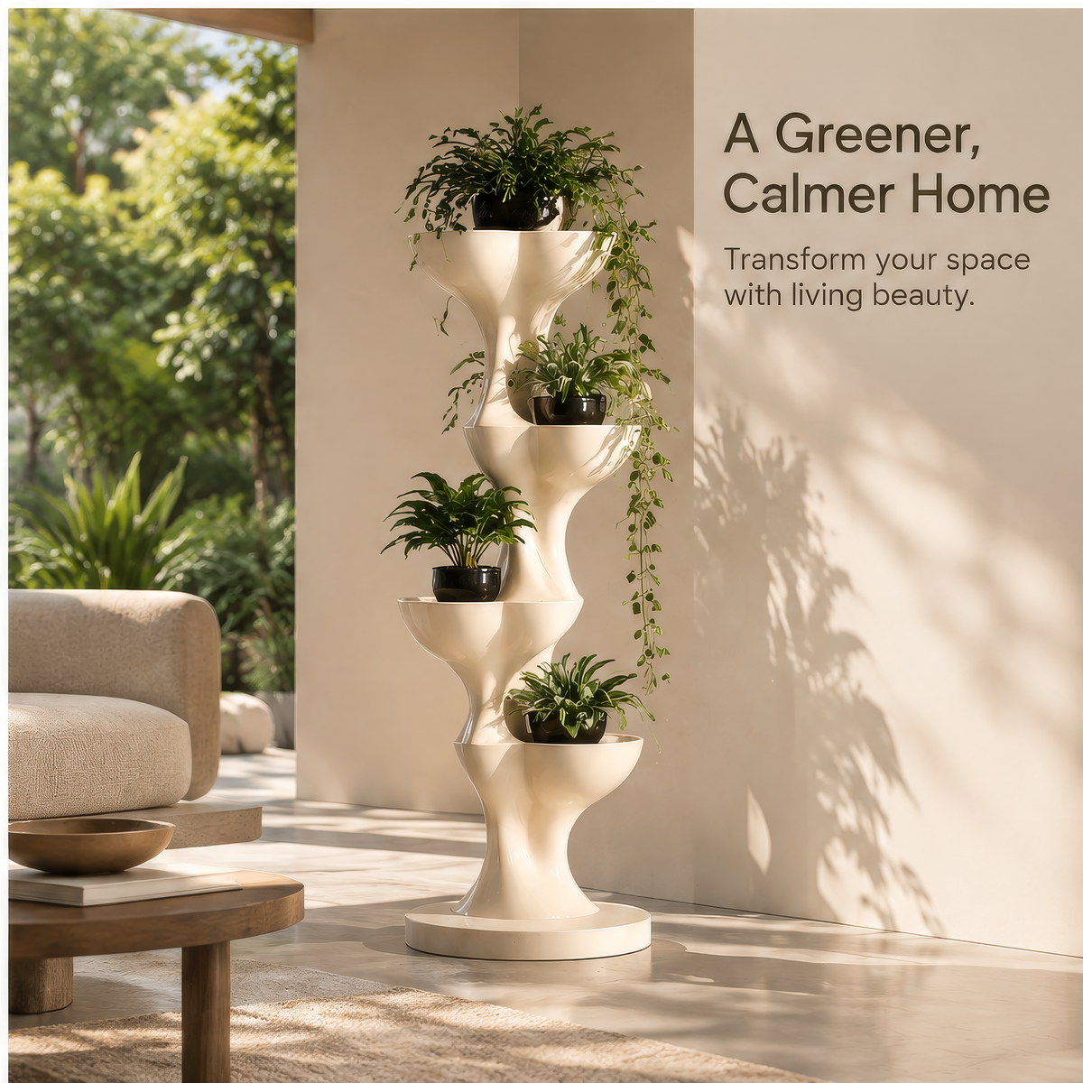 Cream four-level plant display styled beside neutral living room furnishings