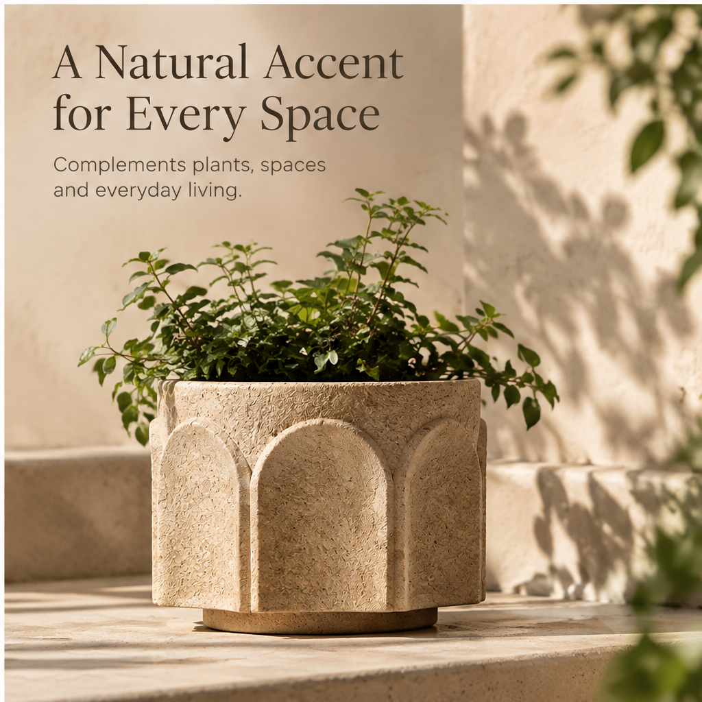 Beige arch relief stone-look textured planter with green foliage, without text overlay