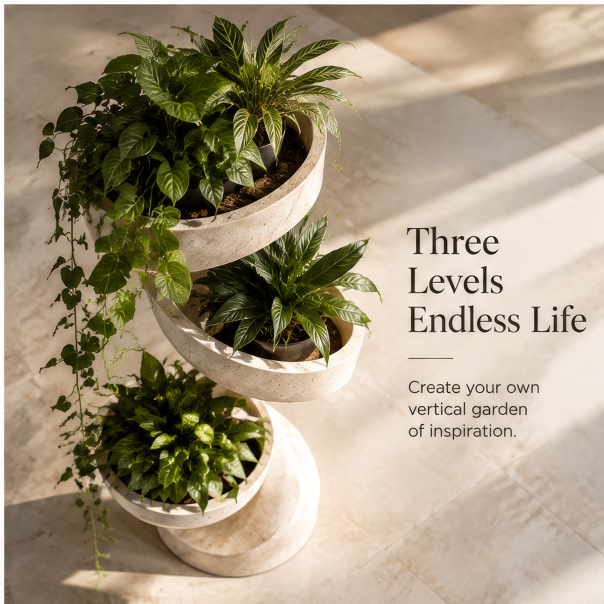 Cream spiral plant stand styled with greenery across three levels
