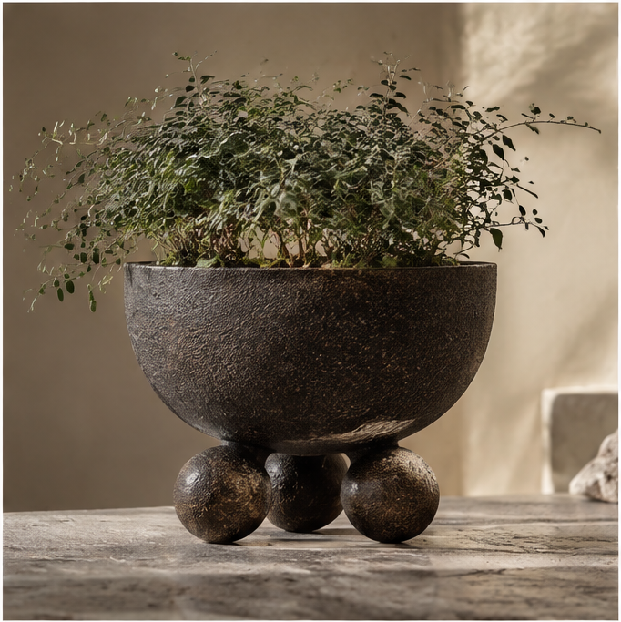 Dark textured bowl planter with spherical feet and leafy greenery, without text overlay